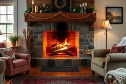 Kandalló égett fával a nappaliban, otthoni fűtés