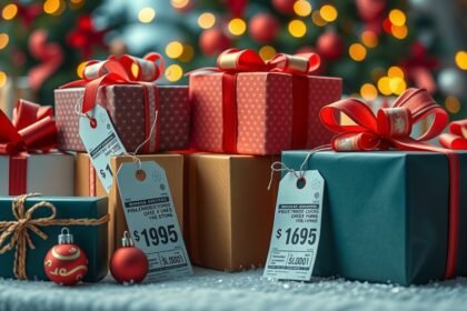 Karácsonyi ajándékok színes csomagolásban és dekorációval.