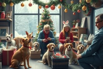 Karácsonyi állatmenhely támogatás kutyákkal és emberekkel.