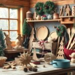 Karácsonyi barkácsolás faanyagból, díszek és dekorációk az asztalon.