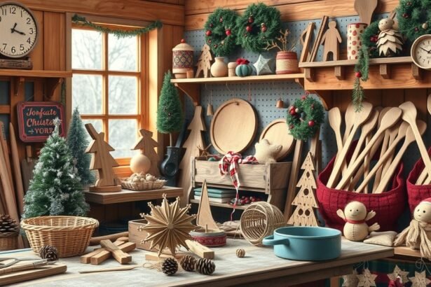 Karácsonyi barkácsolás faanyagból, díszek és dekorációk az asztalon.