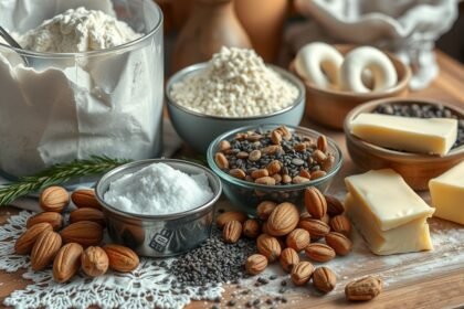 Karácsonyi bejglihez szükséges alapanyagok, mint liszt, dió, vaj és cukor.