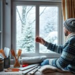Férfi téli ablak szigetelést tervez a hóesésben.