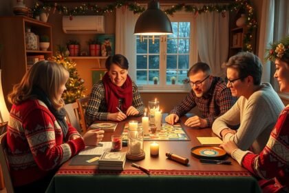 Karácsonyi családi társasjáték közben lévő baráti társaság