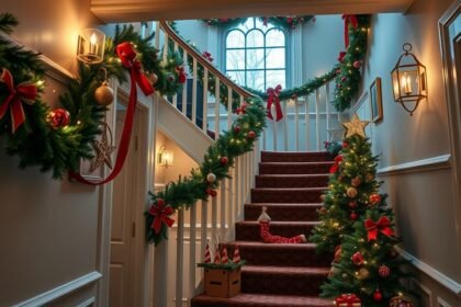 Karácsonyi dekoráció egy lépcsőházban fenyőgallyal és díszekkel