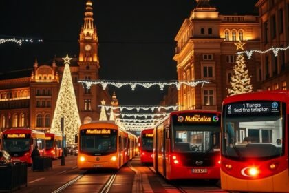 Karácsonyi éjszakai tömegközlekedés piros buszokkal és karácsonyi égőkkel díszített utcán.