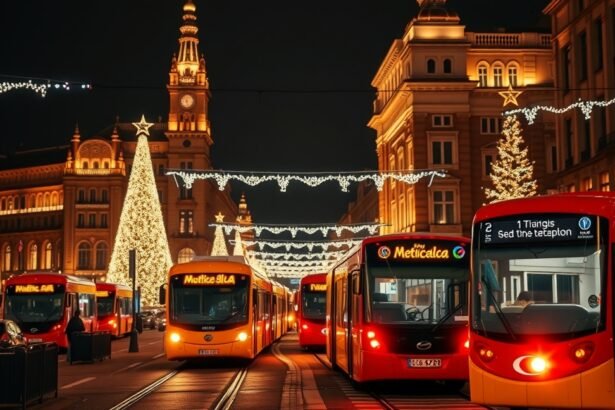 Karácsonyi éjszakai tömegközlekedés piros buszokkal és karácsonyi égőkkel díszített utcán.