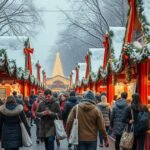 Karácsonyi vásári jelenet, emberek ajándékokat vásárolnak