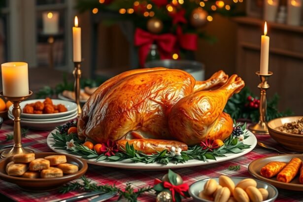 Karácsonyi pulyka ünnepi asztalon, gyertyák és kiegészítők.