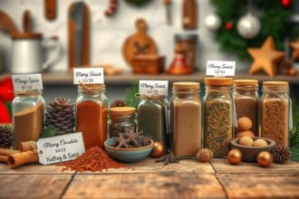 Karácsonyi fűszerek üvegekben az ünnepi dekoráció mellett.