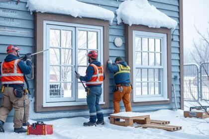 Téli ablakcsere munkálatai külső térben hóban