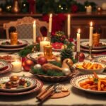 Karácsonyi vacsora díszített asztalon gyertyák mellett.