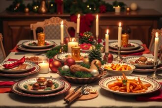 Karácsonyi vacsora díszített asztalon gyertyák mellett.