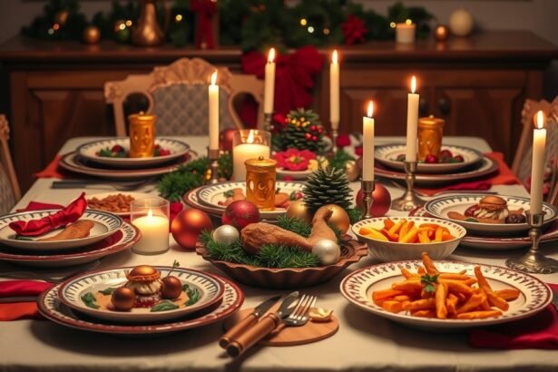 Karácsonyi vacsora díszített asztalon gyertyák mellett.