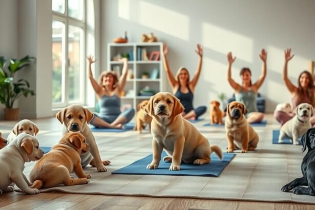 Kiskutya-jóga órákban részt vevő kutyák és gazdik