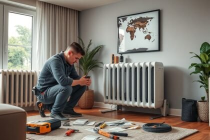 Férfi konvektor javítást végez az otthonában.