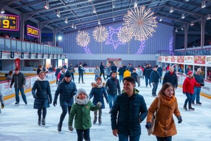 Családok és barátok korcsolyáznak a jégpályán, ünnepi díszekkel.