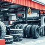 Téli gumik az autószerviz előtt, hóesésben.