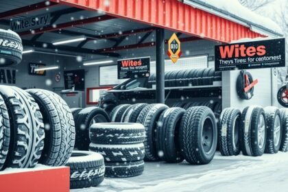 Téli gumik az autószerviz előtt, hóesésben.