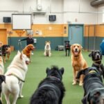 Kutyaiskola csoportos foglalkozáson részt vevő kutyák és gazdák.