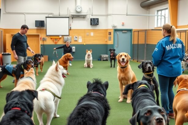 Kutyaiskola csoportos foglalkozáson részt vevő kutyák és gazdák.