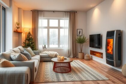 Modern nappali fűtőberendezéssel téli dekorációval.