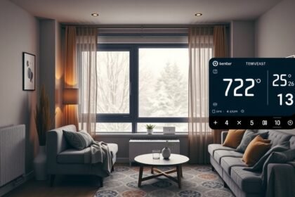 Moderál szoba hőmérséklet kijelzővel és téli nézettel.
