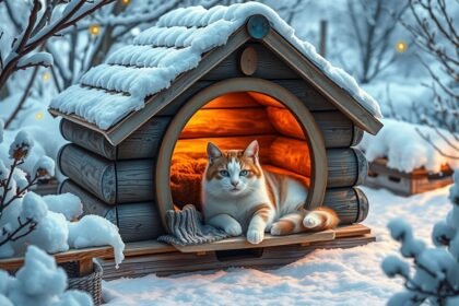 Fűtött macskaház télben, cuki macska a bejáratnál.