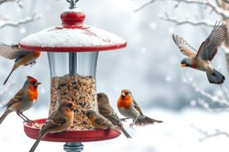Téli madáretetés, madarak az etetőnél hóval borított tájban.