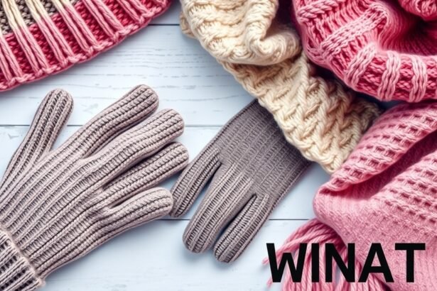 Téli kesztyű, sapka és sál részletei, különböző színekben és stílusokban.