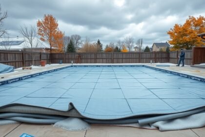 Téliesített medence takaróval az őszi kertben