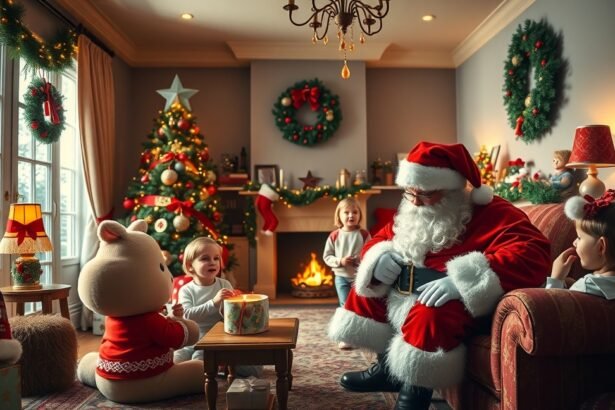 Mikulás látogatása gyerekekkel ünnepi környezetben.