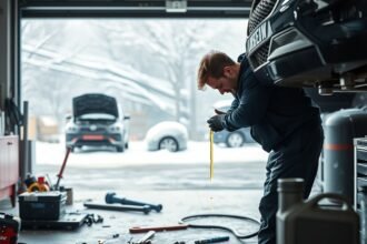 Motorolaj csere téli időszakban autószerelő műhelyben