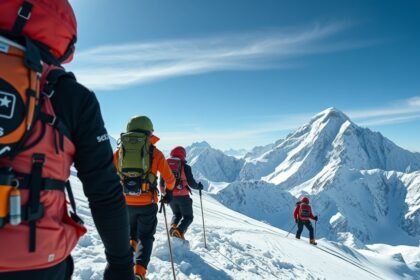 Hegymászó csoport a Mount Everest csúcsán, hófödte hegyekkel a háttérben.