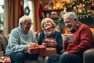 Szórakozó nagyszülők karácsonyi ajándékokat bontanak a kanapén.