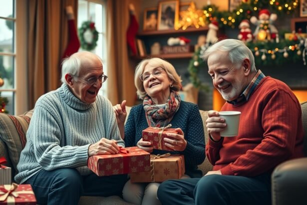 Szórakozó nagyszülők karácsonyi ajándékokat bontanak a kanapén.