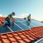 Két munkás napelemes tetőcserép telepítésén dolgozik egy házon.