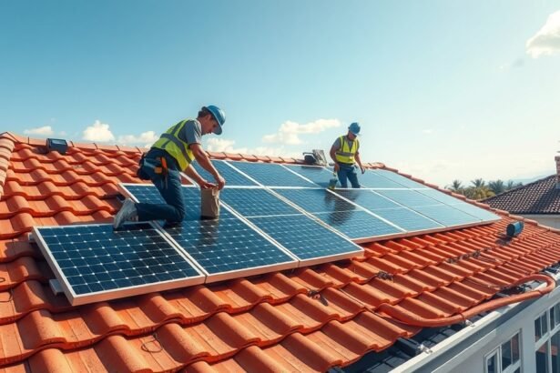 Két munkás napelemes tetőcserép telepítésén dolgozik egy házon.
