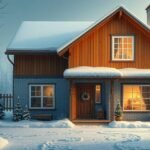 Téliesített nyaraló hóval borítva, kerti fenyőfákkal.