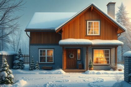 Téliesített nyaraló hóval borítva, kerti fenyőfákkal.