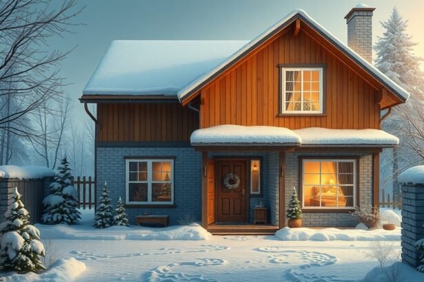 Téliesített nyaraló hóval borítva, kerti fenyőfákkal.