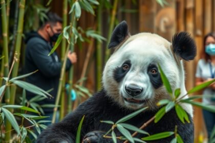 Egy panda a bambusz között, háttérben látogatók.