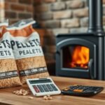 Pellet fűtéshez szükséges pelletzsák és kalkulátorok egy asztalon