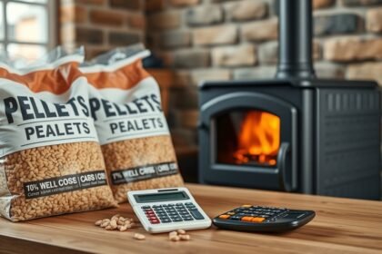 Pellet fűtéshez szükséges pelletzsák és kalkulátorok egy asztalon