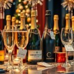 Pezsgők ünnepi asztalon szilveszterkor, különböző árakkal.