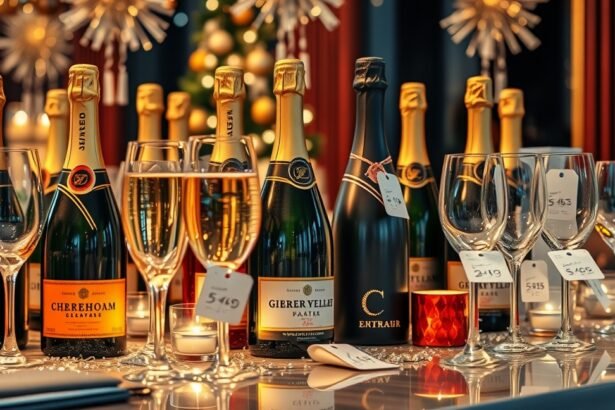 Pezsgők ünnepi asztalon szilveszterkor, különböző árakkal.