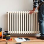 Radiátor cseréje otthon, szerszámokkal és dokumentációval.