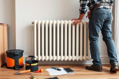 Radiátor cseréje otthon, szerszámokkal és dokumentációval.