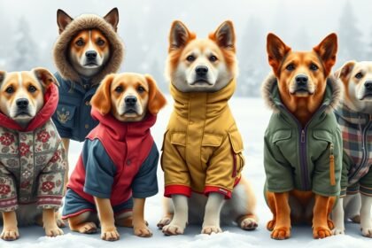 Kutyák téli ruházatban, különböző stílusokban és színekben.