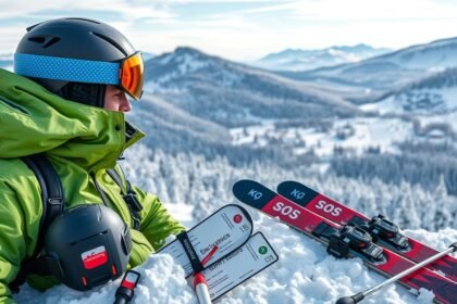 Síelő felszerelés és a téli táj Magyarországon.